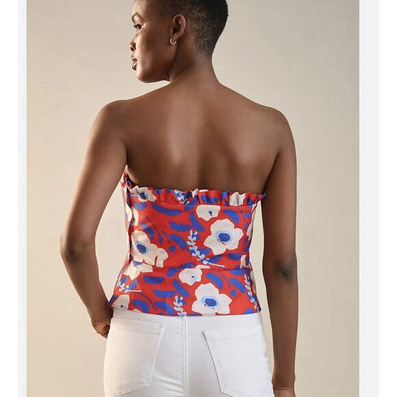 Hutch Anthropologie Red Blue Floral Strapless Ruffle Top Size 0 NWT - Picture 3 of 9